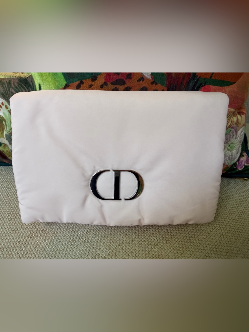 Dior Light Pink Satin cosmetic pouch with Silver CD Logo